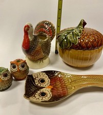 5pc Thanksgiving Harvest Set - Cracker Barrel Owls, Kohl's Acorn, Turkey Holder picture