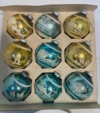 9 Vintage Shiny Brite Ornaments with Box Blue & Gold Peace Camel Coach Stencil picture