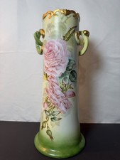 Antique  Hand Painted Austrian Double Pretzel Handled Vase with Pink Roses picture