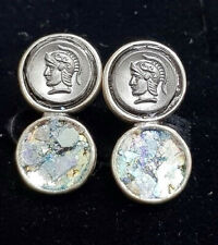 Roman Glass Earrings Round Stud Silver 925 Ancient Roman Glass Patina 200 B.C picture