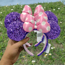 2PCS Purple Sequin Disney Parks Headband Minnie Ears Rare Resort Pink Polka Dot picture