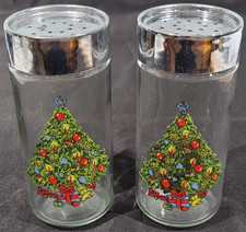 Vintage Anchor Hocking Christmas Tree Glass Salt and Pepper Shakers Set Lids picture