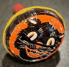 Vintage KIRCHHOF Tin Litho Spooky Black Cat Halloween Noisemaker Wood Handle USA picture