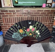 Large 72” Hand Painted Oriental Silk Wall Fan Vintage Asian Floral Bird Decor picture