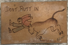 DONT BUTT IN Bull Giving the Horns Leather Postcard C406 picture