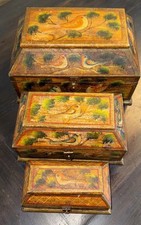 Antique   Chinese Hand Painted Wooden Nesting Boxes Set Of 3 picture