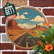 Retro Americana Desert Highway Open Road Trip Round Metal Tin Sign Wall Plaque picture