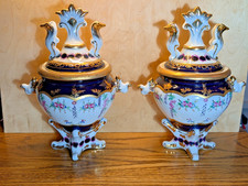 Pair Vintage Limoges Fine Porcelain Covered Urns Cobalt Blue Gold Floral Vases picture