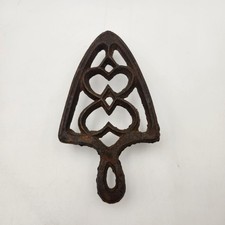 Antique Cast Iron Sad Iron Stand Double Heart Trivet Primitive Rust Patina 6
