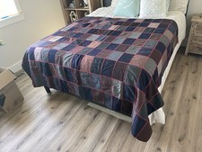 Vintage Handmade Wool Patchwork Quilt Blanket Suiting Fabric Red Stitch Folk Art picture