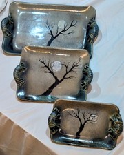 3 Vintage ARTISAN CRAFTED  EERY  Full Moon Glazed Pottery Platters Trays  picture