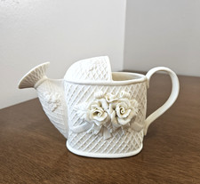 Vintage Bisque Porcelain Watering Can With Applied Roses On Lattice and Ribbons picture