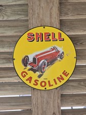 VINTAGE SHELL GASOLINE GREEN STREAK  PORCELAIN SIGN RACE CAR MOTOR OIL  12