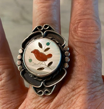 Vintage Inlay Zuni Cardinal Ring On Mother Of Pearl Size 6 1/2 picture