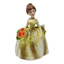 Vintage CAFFCO Brunette Lady Vase Planter Made In Japan Holding Orange Flowers picture