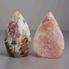 2 Polished Pink Tourmaline & Pink Flower Agate Teardrop Freeform Ornaments - USA picture
