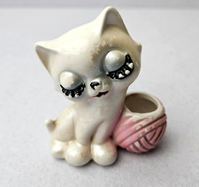 Vintage Anthropomorphic Eyelash Cat White Ceramic Figurine Pink Yarn Ball Kitty picture