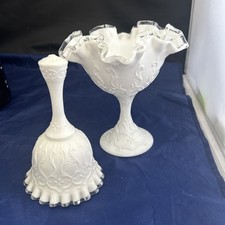Fenton Silver Crest Spanish Lace White Milk Glass Compote Candy Dish And Bell picture