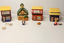4 VTG Village Porcelain Hinged Trinket Boxes Church Toys Candy Post Office picture