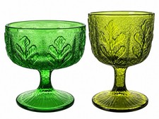 Vintage 1974 FTD Green & Avocado Glass Pedestal Compote Embossed Leaf Design -2 picture