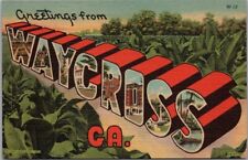 Vintage 1940s WAYCROSS Georgia Large Letter LINEN Postcard Tobacco Field -Unused picture