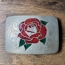 VTG Johnson Held Red Rose Flower Inlay Handcrafted Western Cowboy Belt Buckle picture