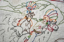 Vintage/Antique Embroidered Horse Cowboy Indian Western Cutter Quilt Block Piece picture