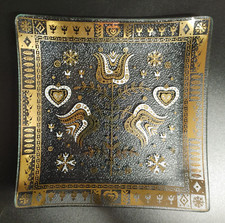 Vintage MCM Porter Trinket Dish Curved Square Glass Gold & White Print 5 1/2