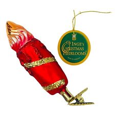 Vintage Inge Hand Blown Glass Christmas Ornament Red Candle 4.5 Inch Clip On picture