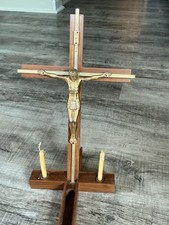 Vintage McVan Catholic Last Rites Sick Call Altar Crucifix Walnut Brass 13
