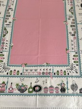 Vintage MCM Mod Pink Avocado & Turquoise Printed Tablecloth Kitchen 49