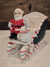 Vintage Japan Christmas Inarco Ceramic Santa in Candy Cane Sled Planter 86-7047  picture