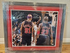 Dennis Rodman Signed/Inscribed Framed 16x20 Photo w/ Jordan Bulls Beckett Witnes picture