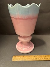MCM HULL USA PINK BLUE FOOTED PEDESTAL SCALLOPED RIM VASE PLANTER COMPOTE VTG picture