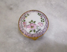 NOS LIMOGES FRANCE TRINKET BOX - PINK & GREEN FLORAL -HAND PAINTED picture