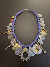 Artisan Catholic Devotional Necklace W/ Vintage Medals/Crucifixes & Amethyst 17
