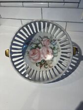 Antique Bavaria Hand Painted Roses Signed Reticulated Footed Bowl Gold Cottage picture