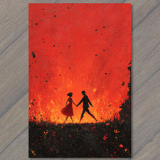 POSTCARD Couple Holding Hands Fiery Red Abstract Love Passion Silhouette Romance picture