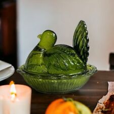 Vintage Small Green Glass Turkey Dish with Lid Thanksgiving picture