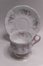 Vintage Rosina Tea Cup & Saucer White Background pink green Floral Roses picture