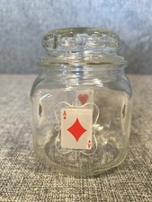 Vintage Duraglas Playing Card Suits Ace Square Clear Glass Jar w/ Lid - EUC picture