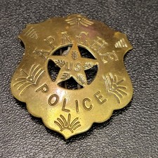 Vintage Apache Police Badge U.S. Star Design Brass Shield Pinback Collectible picture