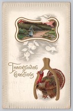 Postcard Thanksgiving Greetings, Turkey, Wishbone, Embossed A13978 picture