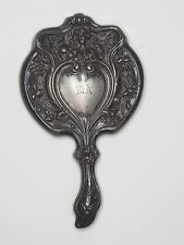 Antique Art Nouveau Silver Plated Hand Mirror Lovely Lady & Flowers picture