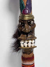 Vintage Tribal Carved Cane Walking Stick Faces & Horn Shape Handle Deer Hoof 41