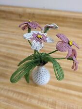 Vtg. handmade beaded flowers bouquet in vase set: France. picture