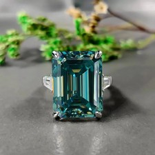 15.20 Cts Emerald Cut Treated Blue Diamond Ring 925 Antique Silver Ring picture