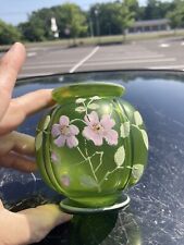 FABULOUS VINTAGE Green 1930s MOSER (?) ENAMELED HAND PAINTED VASE 4” Rose Bowl picture