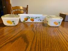 Fire King Gay Fad Fruit Bread Loaf Pan - (2) Refrigerator Dish w/glass lids 5pc picture
