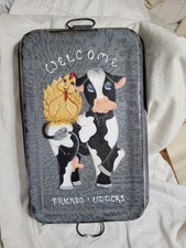 Antq/Vntg Gray Enamel Ware Rectangle Baking Pan w/Hand Painted Cow On Back. picture